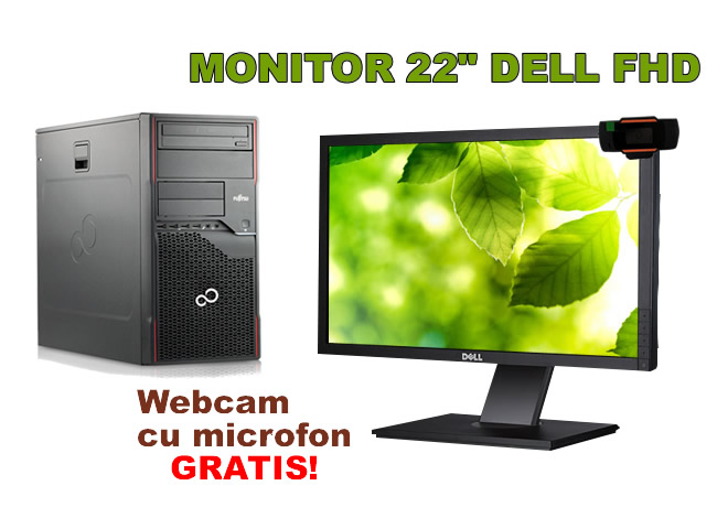 PC+ Monitor 22 INCH + Webcam - Fujitsu Esprimo P900 cu Dell P2211HT LED 22 inch Full HD